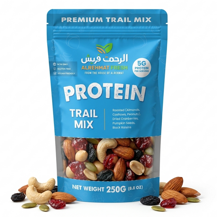 Al Rehmat Fresh Protein Trail Mix 250g kraft pouch with roasted peanuts cashews almonds pumpkin seeds cranberries