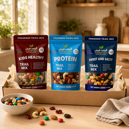 Al Rehmat Fresh Family Box three 250g trail mix pouches Kids Protein Sweet Salty family snack bundle Pakistan
