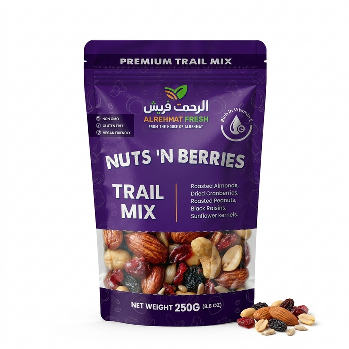 Al Rehmat Fresh Nuts and Berries trail mix 250g pouch peanuts almonds sunflower seeds raisins cranberries Pakistan