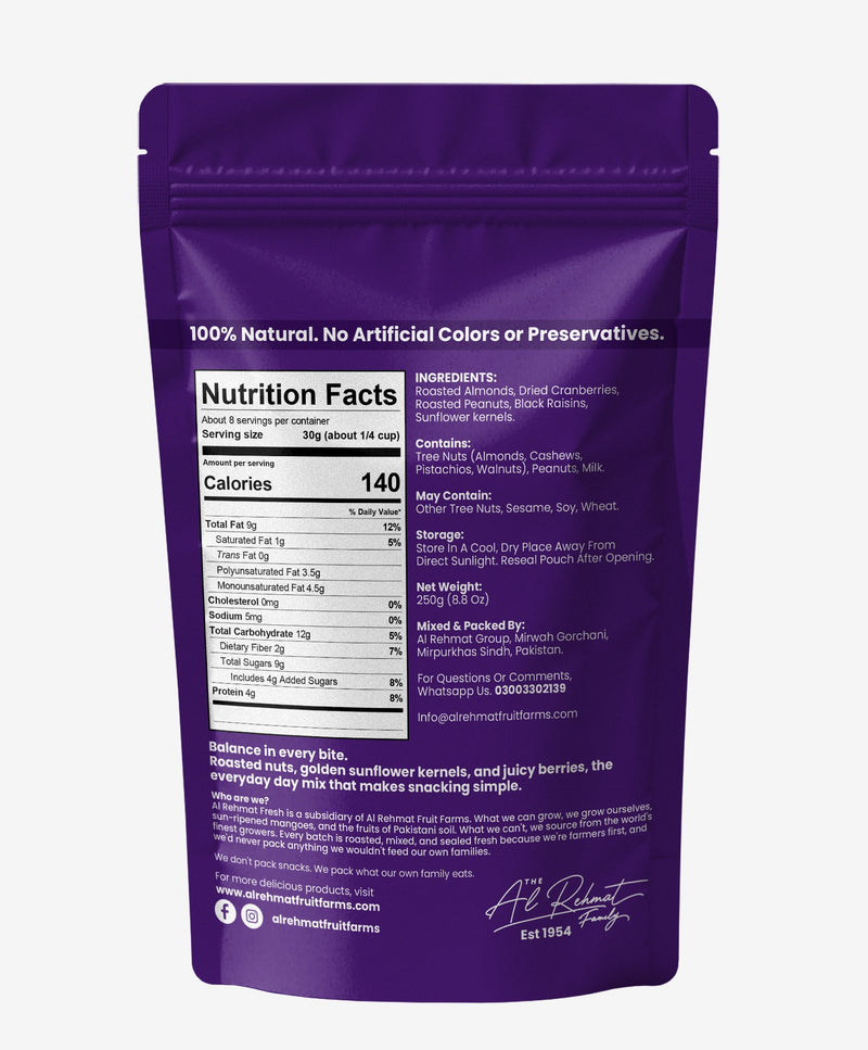 Al Rehmat Fresh Nuts and Berries trail mix 250g pouch peanuts almonds sunflower seeds raisins cranberries Pakistan