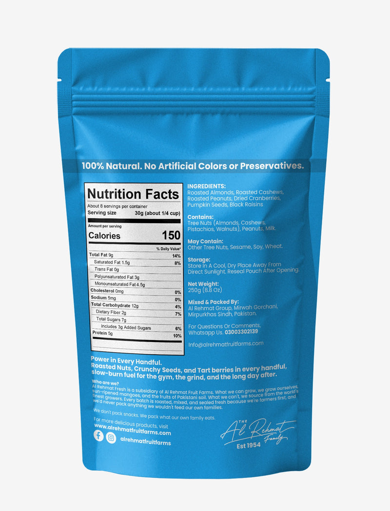 Al Rehmat Fresh Protein Trail Mix 250g kraft pouch with roasted peanuts cashews almonds pumpkin seeds cranberries