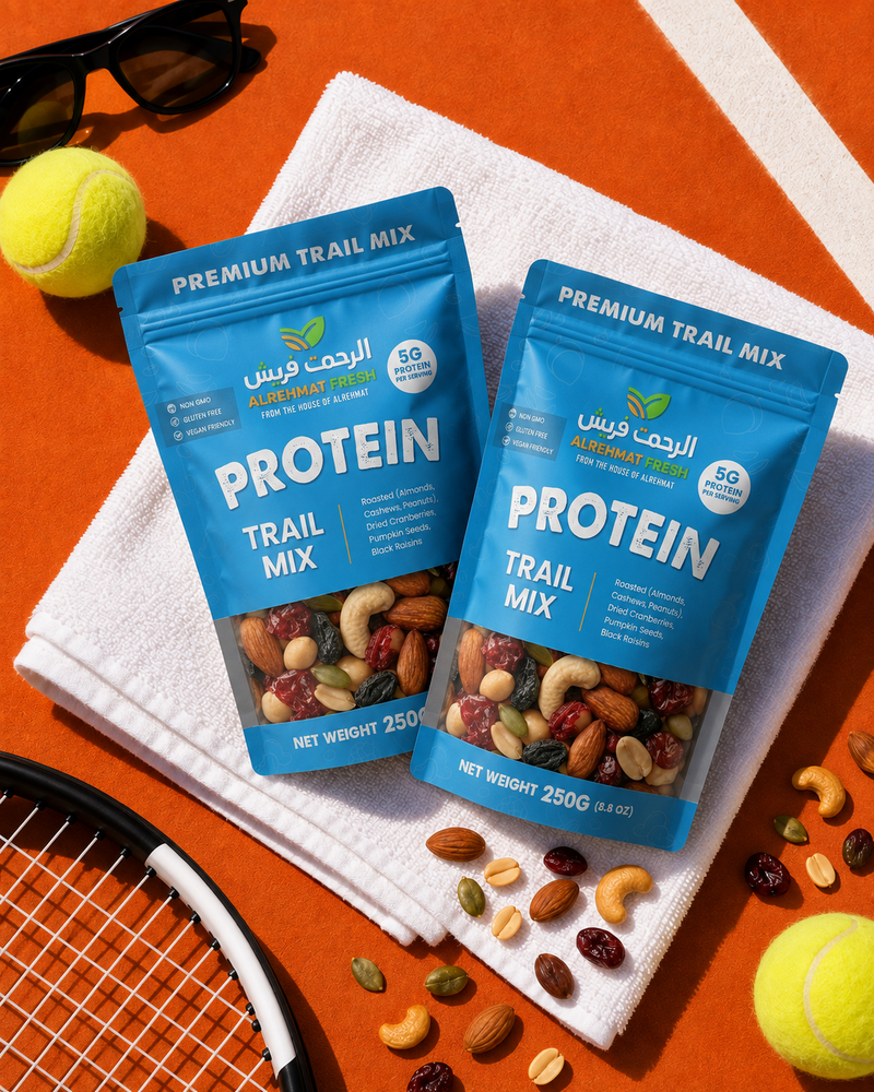 Al Rehmat Fresh Protein Trail Mix 250g kraft pouch with roasted peanuts cashews almonds pumpkin seeds cranberries