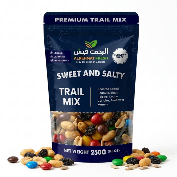 Al Rehmat Fresh Sweet and Salty snack mix 250g pouch salted peanuts raisins cocoa candies Pakistan