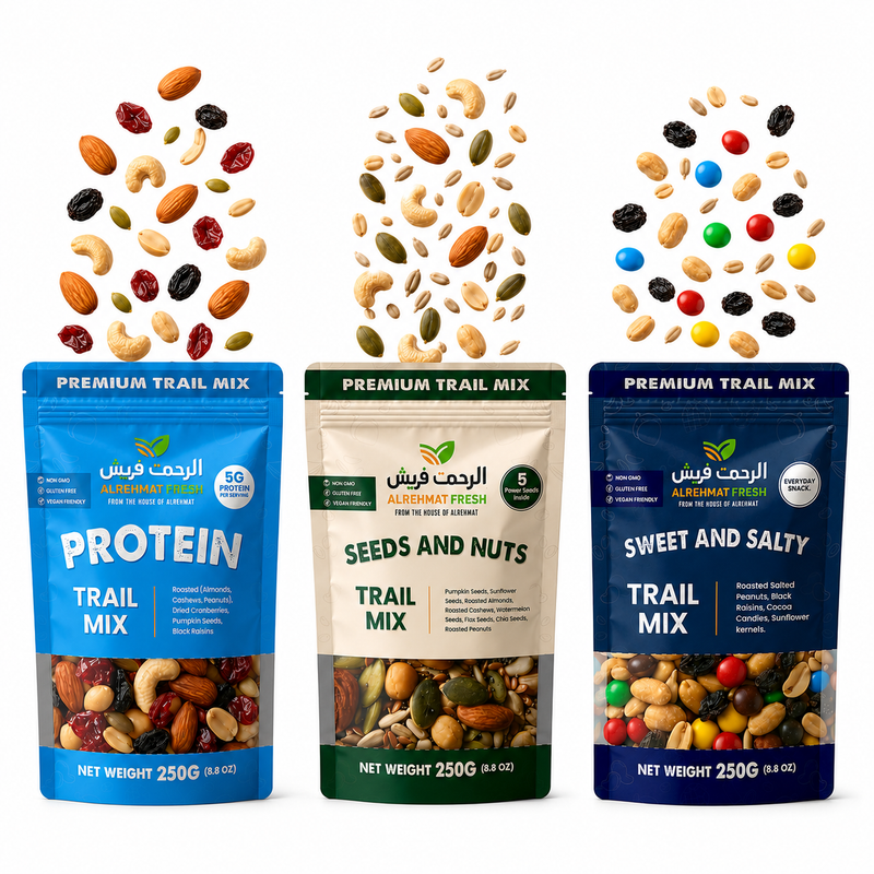 Al Rehmat fresh Fitness Trio gym snack bundle Protein Seeds Nuts Sweet Salty 250g pouches Pakistan